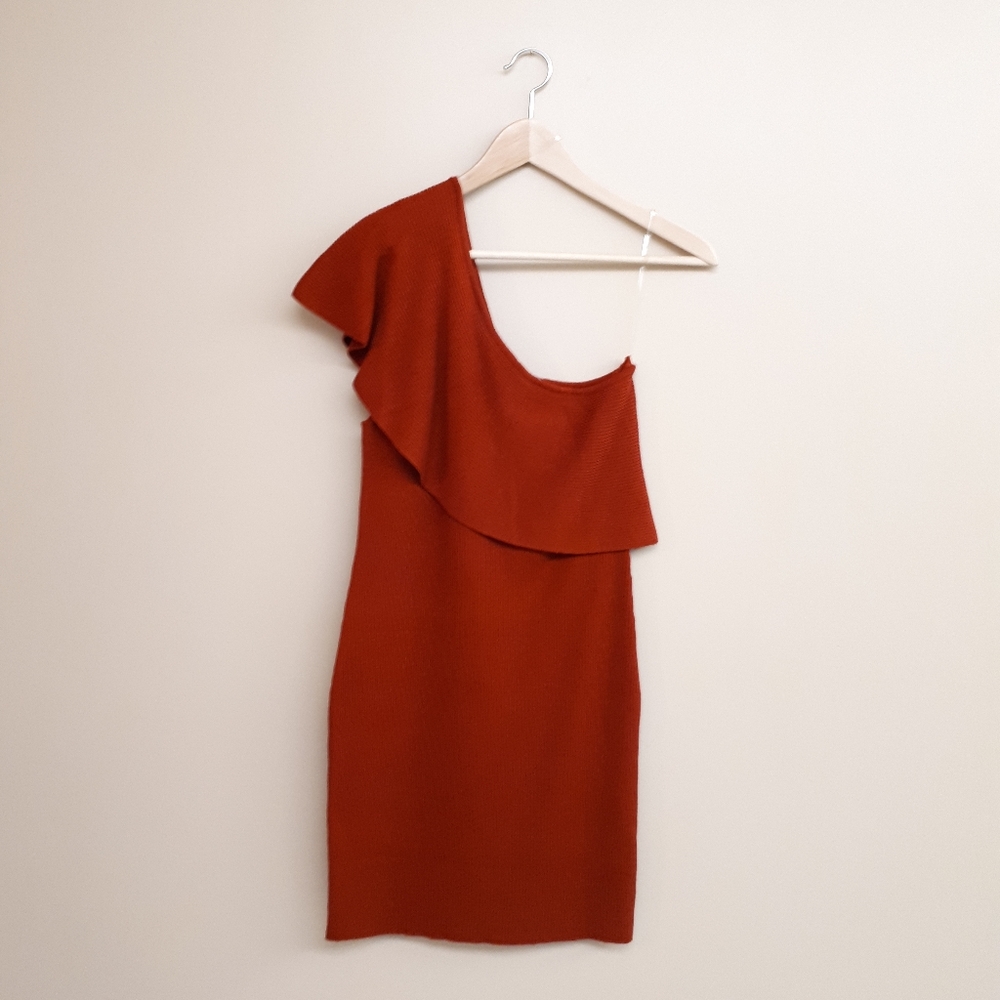 WHITE CLOSET One Shoulder Knit Dress with Bolero Wrap in Rust Orange